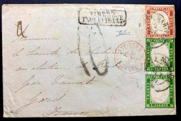 Antichi Stati italiani - Sardegna 18551863 - 5 cent coppia e 40 cent su busta da Massa Marittima per la Francia, tariffa di 50 cent - Sassone 13 Ae