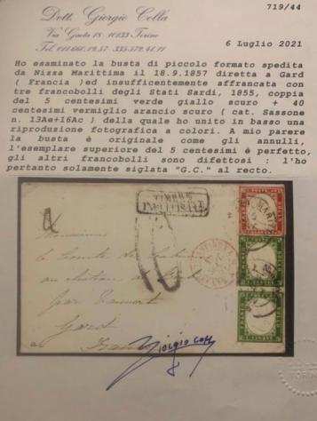 Antichi Stati italiani - Sardegna 18551863 - 5 cent coppia e 40 cent su busta da Massa Marittima per la Francia, tariffa di 50 cent - Sassone 13 Ae