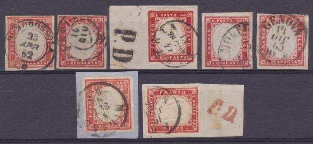 Antichi Stati italiani - Sardegna 18551863 - Insieme di 7 esemplari del 40c con varie tinte e annulli tra cui uno del dicembre 1863