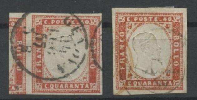 Antichi Stati Italiani - Sardegna 1857 - IV emissione, due esemplari del 40 centesimi rosso scarlatto e vermiglio arancio scuro - Sassone n.16A, 16Ac