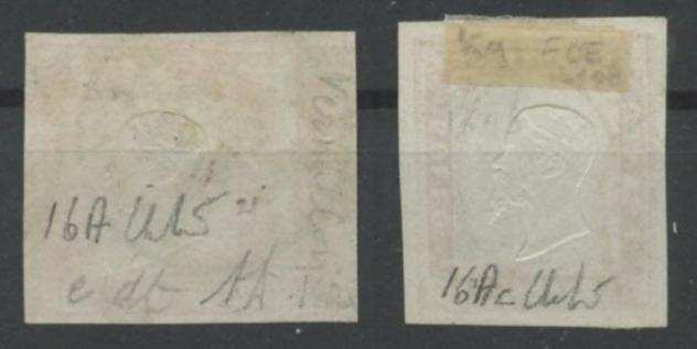 Antichi Stati Italiani - Sardegna 1857 - IV emissione, due esemplari del 40 centesimi rosso scarlatto e vermiglio arancio scuro - Sassone n.16A, 16Ac