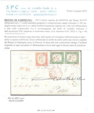 Antichi Stati italiani - Sardegna 1857 - Lettera spedita il 2031857 da Genova per Parigi - Sassone n. 13g (2)16 euro 12.000