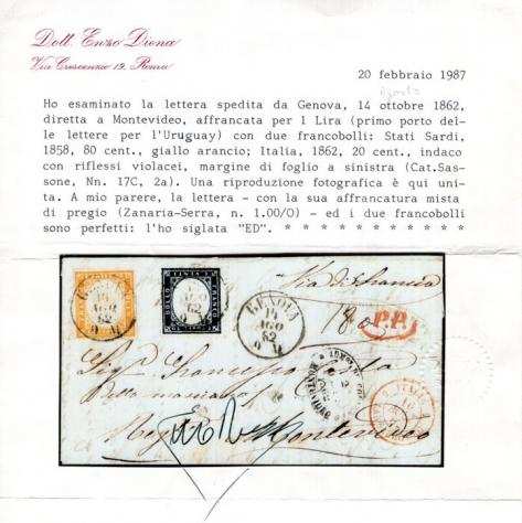 Antichi Stati italiani - Sardegna 18581862 - Affrancatura mista Sardegna c.80 giallo arancio  Regno c.20 indaco - Rarissima e bellissima  - Sass.