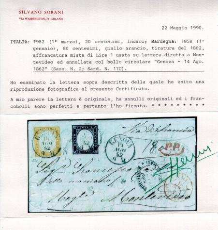 Antichi Stati italiani - Sardegna 18581862 - Affrancatura mista Sardegna c.80 giallo arancio  Regno c.20 indaco - Rarissima e bellissima  - Sass.