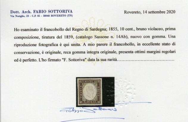 Antichi Stati italiani - Sardegna 1859 - 10 cent. bruno violaceo - nuovo 