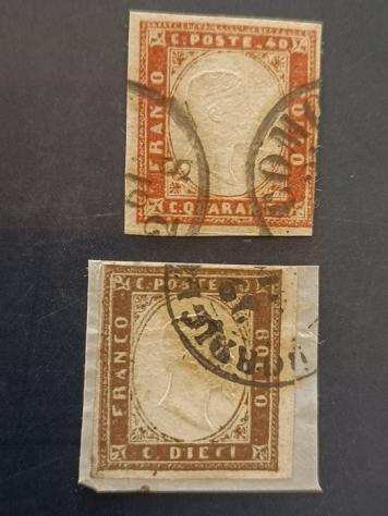 Antichi Stati italiani - Sardegna 1859 - 10c.bruno giallastro,40c.vermiglio mattone. - Sassone 14Aa  16Ba.euro.1300.