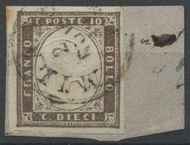 Antichi Stati Italiani - Sardegna 1859 - IV emissione 10 centesimi bruno violaceo I composizione usato su frammento - Ballabio - Sassone N.14Ab