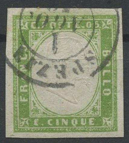 Antichi Stati Italiani - Sardegna 1859 - IV emissione 5 centesimi verde giallo brillante II composizione usato - Ballabio - Sassone N.13B