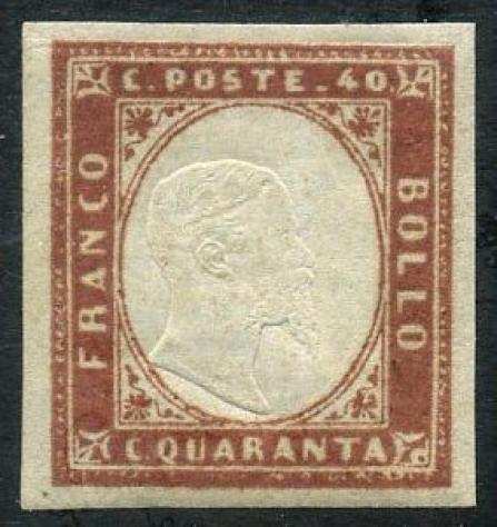 Antichi Stati italiani - Sardegna 1859 - Vittorio Emanuele II, 40 centesimi rosso mattone. Bellesemplare integro e con ampi margini. - Sassone N. 16B