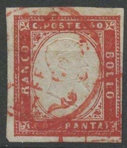 Antichi Stati Italiani - Sardegna 1860 - IV emissione 40 centesimi rosso usato ed annullato con parte di cerchio rosso - Ballabio - Sassone N.16C