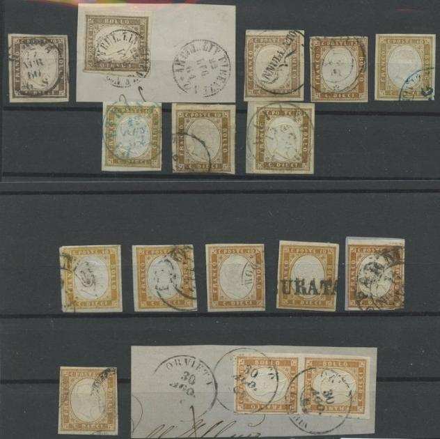 Antichi Stati italiani - Sardegna 18601863 - 10cent selezione di 16 esemplari con differenti gradazioni di colore ed annulli-Ballabio - Sassone n.14B