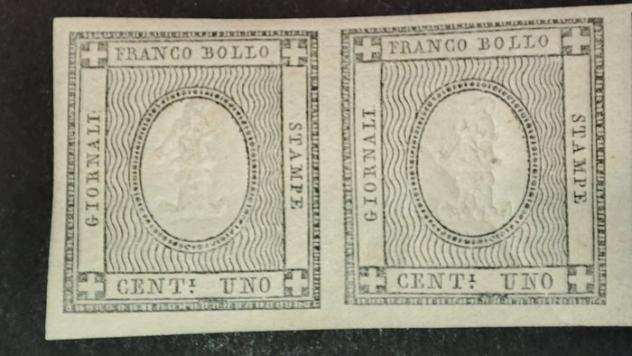 Antichi Stati italiani - Sardegna 1861 - 1 cent grigio verdastro striscia di tre - Sassone n.19b