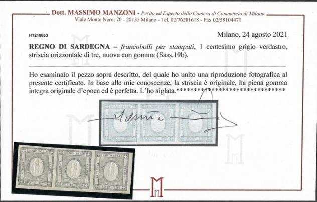 Antichi Stati italiani - Sardegna 1861 - 1 cent grigio verdastro striscia di tre - Sassone n.19b