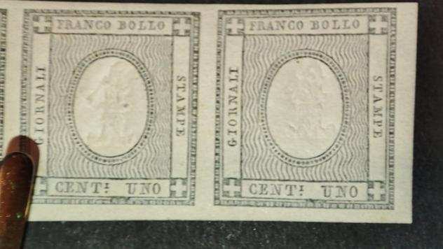 Antichi Stati italiani - Sardegna 1861 - 1 cent grigio verdastro striscia di tre - Sassone n.19b