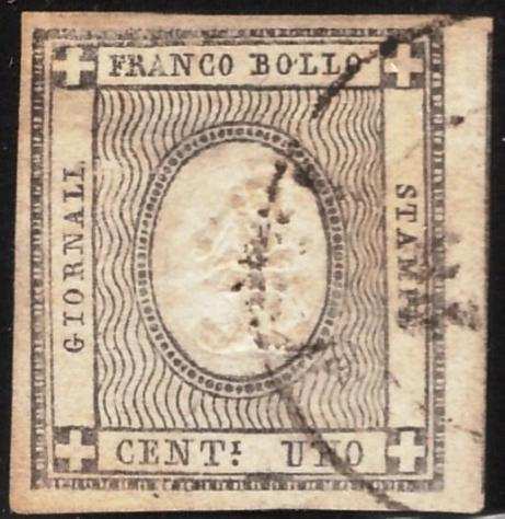 Antichi Stati italiani - Sardegna 1861 - 1 centesimo per le stampe, 19c rara tinta grigio brunastro - Sassone N. 19c