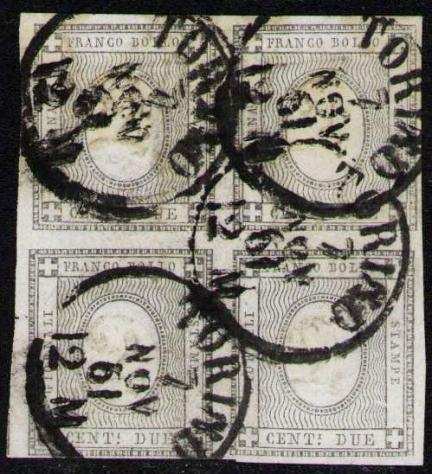 Antichi Stati italiani - Sardegna 1861 - 2 centesimi grigio nero, quartina usata. Certificata - Sassone 20