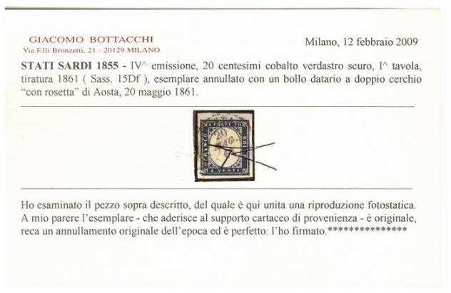 Antichi Stati italiani - Sardegna 1861 - 20 centesimi rara tinta - Sassone 15Df