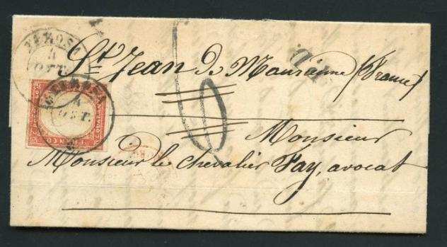 Antichi Stati italiani - Sardegna 1861 - 40 cent. vermiglio mattone chiaro, su lettera da Perosa - Sassone N. 16Db