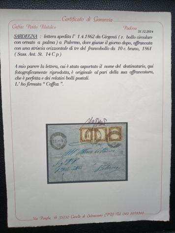 Antichi Stati italiani - Sardegna 1861 - Busta con striscia di 3 certificata Caffaz. - Sassone n.14Cp bruno euro.6000.