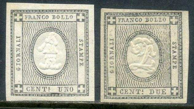 Antichi Stati italiani - Sardegna 1861 - Francobolli per stampati, 1 e 2 centesimi con ampi margini. Integri - Sassone 1920
