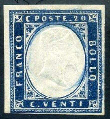 Antichi Stati italiani - Sardegna 1861 - IV emissione, 20 centesimi celeste Certificato - Sasssone 15Da