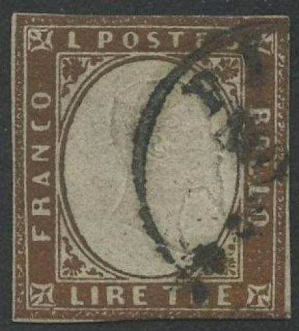 Antichi Stati Italiani - Sardegna 1861 - IV emissione 3 lire rame scuro usato ed annullato con parte di bollo circolare di Firenze- - Sassone N.18Aa