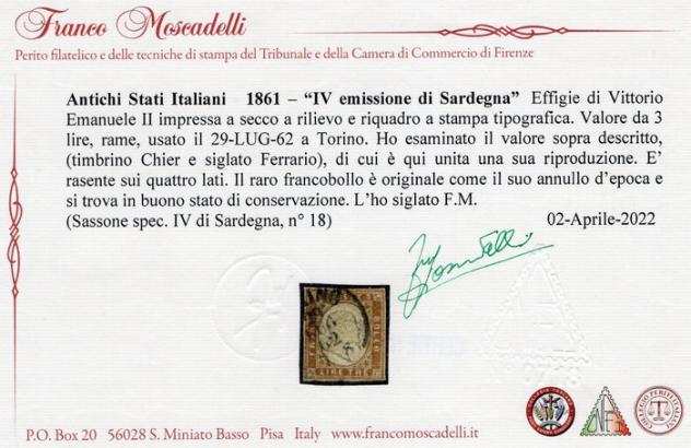 Antichi Stati italiani - Sardegna 18611861 - 3 Lire rame, usato. RARO  Certificati Moscadelli e Ferrario  Sassone n. 18