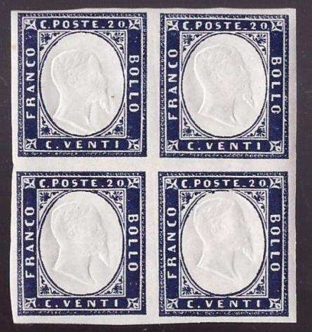 Antichi Stati italiani - Sardegna 1862 - 20 centesimi indaco violaceo scuro in quartina - Sassone N. 15Ea