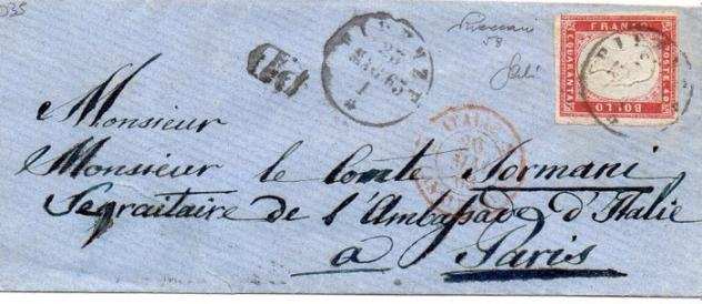 Antichi Stati italiani - Sardegna 1862 - 40 cent rosa carminio su lettera da Firenze a Parigi - Sassone N. 16E