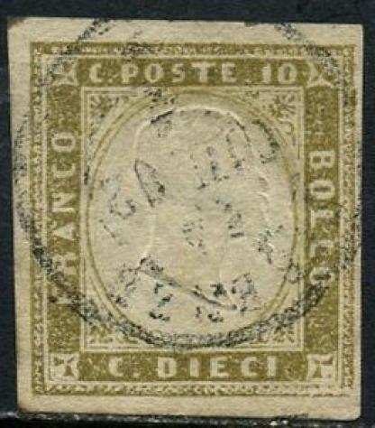 Antichi Stati italiani - Sardegna 1862 - Vittorio Emanuele II, 10 centesimi oliva chiaro. Certificato - Sassone N. 14Db