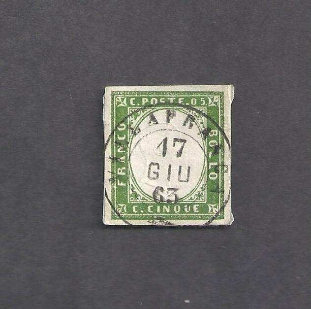 Antichi Stati italiani - Sardegna 1863 - raro timbro Villafranca su sardegna 5 cent giallo verde 13Ea