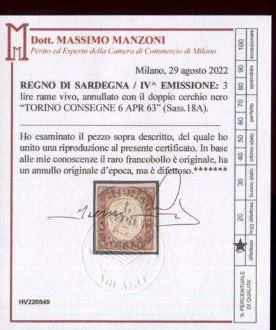 Antichi Stati italiani - Sardegna - Il raro 3 lire usato della IVdeg emissione. - Sassone 18A