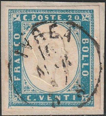 Antichi Stati italiani - Sardegna - IV Em. 20 c. celeste Sass 15f ben marginato usato a Ivrea f.Card. Spl