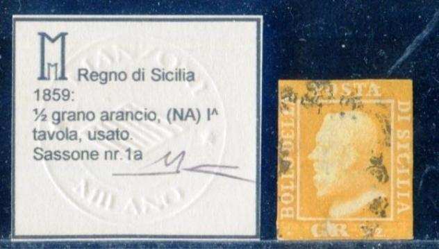 Antichi Stati italiani - Sicilia 1859 - 12 grano arancio carta Napoli - Sassone 1a