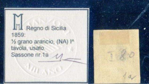 Antichi Stati italiani - Sicilia 1859 - 12 grano arancio carta Napoli - Sassone 1a