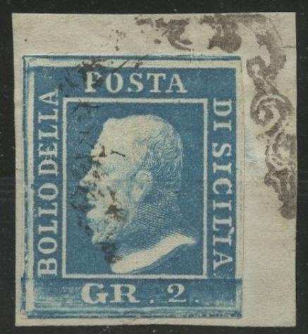 Antichi Stati Italiani - Sicilia 1859 - 2 grana azzurro chiaro III tavola usato su frammento posizione 49 del foglio - Bolaffi, Diena - Sassone n. 8