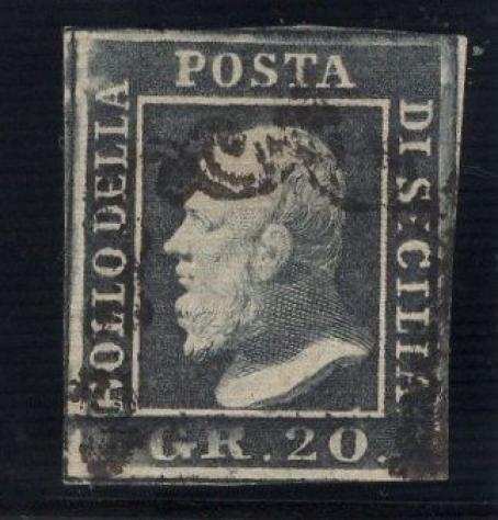 Antichi Stati italiani - Sicilia 1859 - Sicilia, 20 gr. grigio ardesia, usato. Ampi margini  Firme AD e Chiavarello - Sassone ASI, n. 13