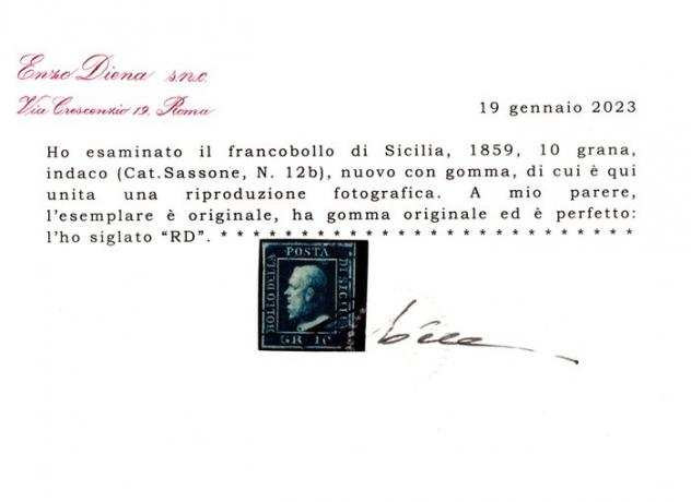 Antichi Stati italiani - Sicilia 18591859 - Sicilia 10 Grana indaco certificato linguellato - sassone 12b