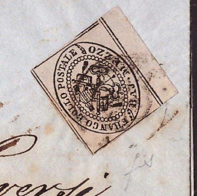Antichi Stati italiani - Stato Pontificio 1852 - 12 baj grigio lilla isolato su lettera - Sassone N. 1c