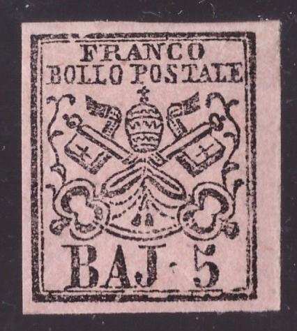 Antichi Stati italiani - Stato Pontificio 1852 - 5 baj rosa chiaro - Sassone N. 6