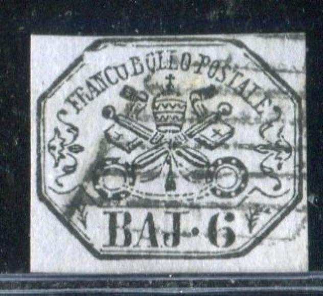 Antichi Stati italiani - Stato Pontificio 1852 - 6 baj carta macchina con nitido decalco - Sassone 7A