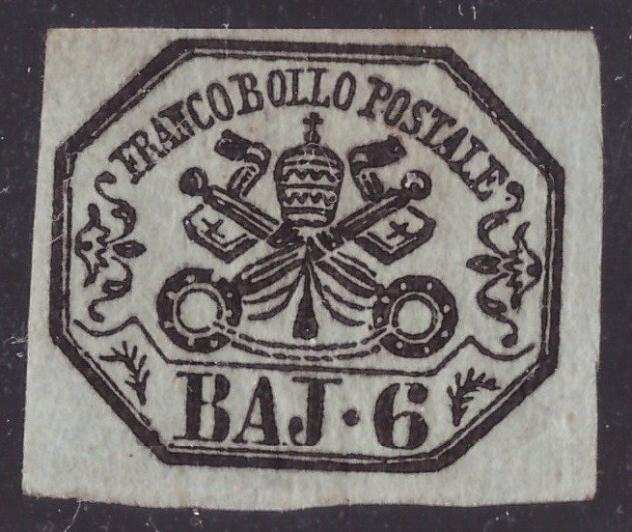 Antichi Stati italiani - Stato Pontificio 1852 - 6 baj grigio verdastro con decalco - Sassone N. 7db