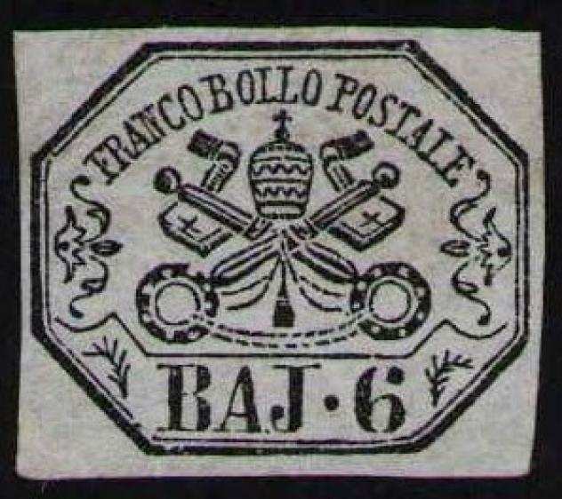 Antichi Stati italiani - Stato Pontificio 1852 - Stemma, 6 baj lilla grigio con margini regolari. Certificato - Sassone 7A