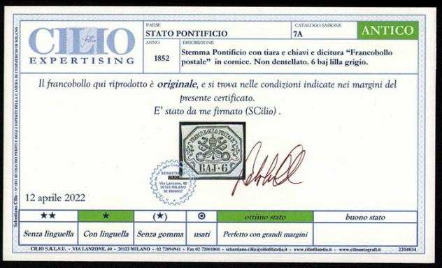 Antichi Stati italiani - Stato Pontificio 1852 - Stemma, 6 baj lilla grigio con margini regolari. Certificato - Sassone 7A