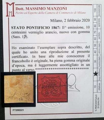 Antichi Stati italiani - Stato Pontificio 1867 - 10 centesimi vermiglio arancio, II emissione, nuovo con gomma - Sassone N. 17