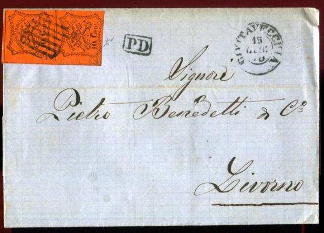 Antichi Stati italiani - Stato Pontificio 1867 - 2deg emissione coppia del 10 centesimi su lettera - Sassone 17