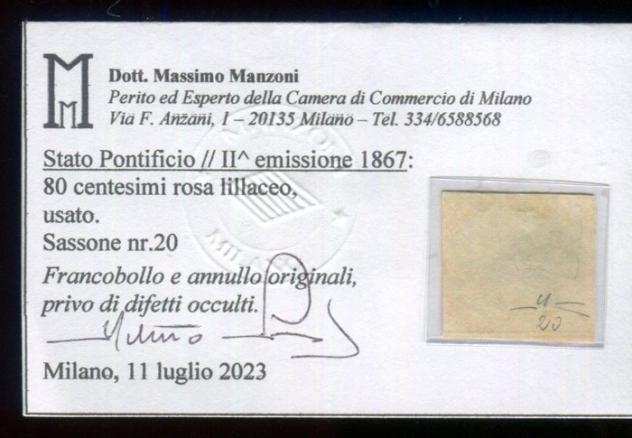 Antichi Stati italiani - Stato Pontificio 1867 - 80 centesimi 2deg emissione non dentellata. - Sassone 20