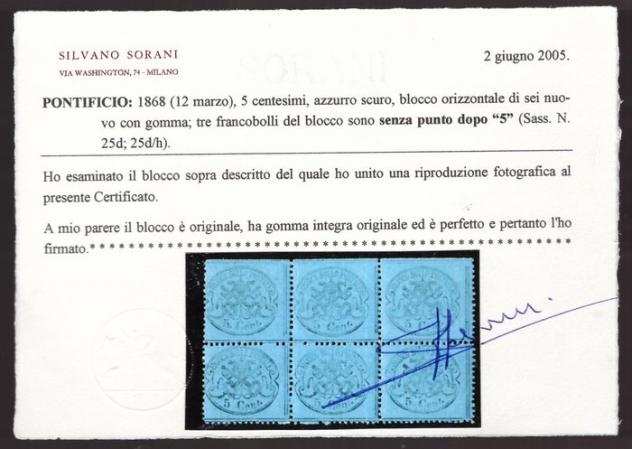 Antichi Stati italiani - Stato Pontificio 1868 - 5 centesimi azzurro scuro in quartina, con varieta - Sassone NN. 25d, 25dh