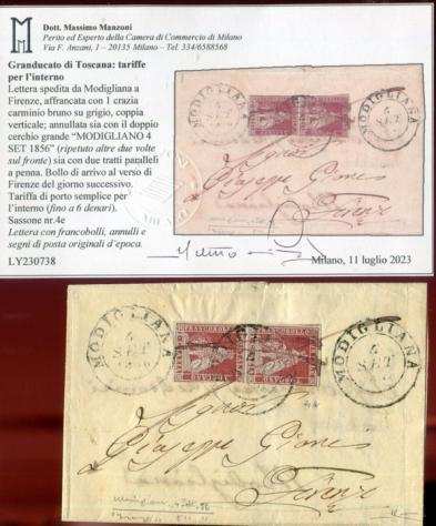 Antichi Stati italiani - Toscana 1851 - 1 cr coppia su lettera da Modigliana a Firenze - Sassone 4e