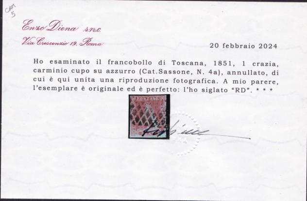 Antichi Stati italiani - Toscana 1851 - 1 crazia carminio scuro su azzurro - Sassone 4a